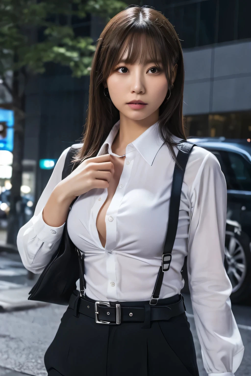 a woman in a suit, belt, hands behind back, sweating, suspenders, black pants, sexly, large breasts, see-through clothing, rain, detective, office worker, white button-up shirt, (best quality,4K,8k,highres,masterpiece:1.2),ultra-detailed,(realistic,photorealistic,photo-realistic:1.37),hyper-detailed,highly detailed face and body, Slender　thin　suspenders　Moderate breasts　See-through shirt　Nipples　holster　chain　Pistol　Armament　criminal　Female criminal　knife　japanese　profile　Japanese women　arrested handcuff　belt
