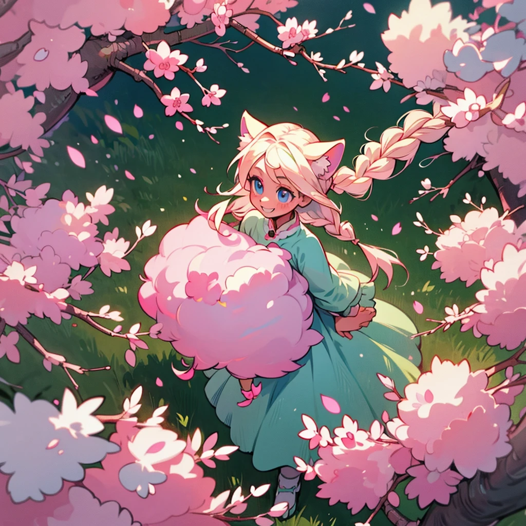 platinum blonde hair. long hair with 2 long braids. skinny girl. blue eyes. pink and green dress. sakura cherry blossoms. cute smile. 1 girl walking under the blossoms. top view. peaches. very large cat ears on her head. big fluffy cat tail. pink highlights in her ears. pastel colors.