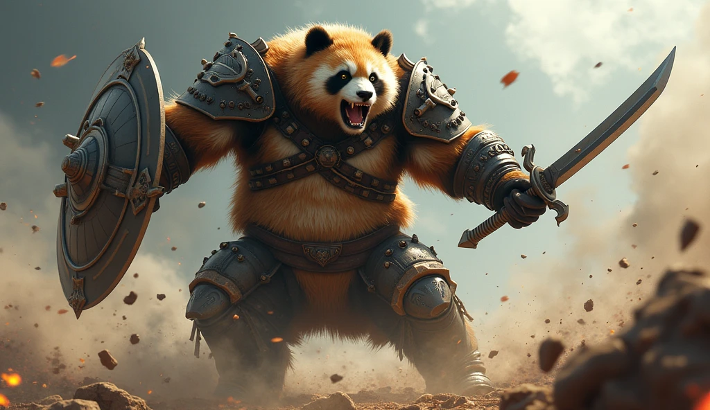 Create an image of a warrior Chubby Cat and rooster, mecha samuraipunk, anthropomorphic, screaming to each other, moving, action burst, leather and iron armor, shaggy fur, foggy, stormy, 70mm, cinematic, highly detailed, minotaur real size, swinging his sword and shield, debris flying, sparkling lights, aura, strong lights, high illumination.