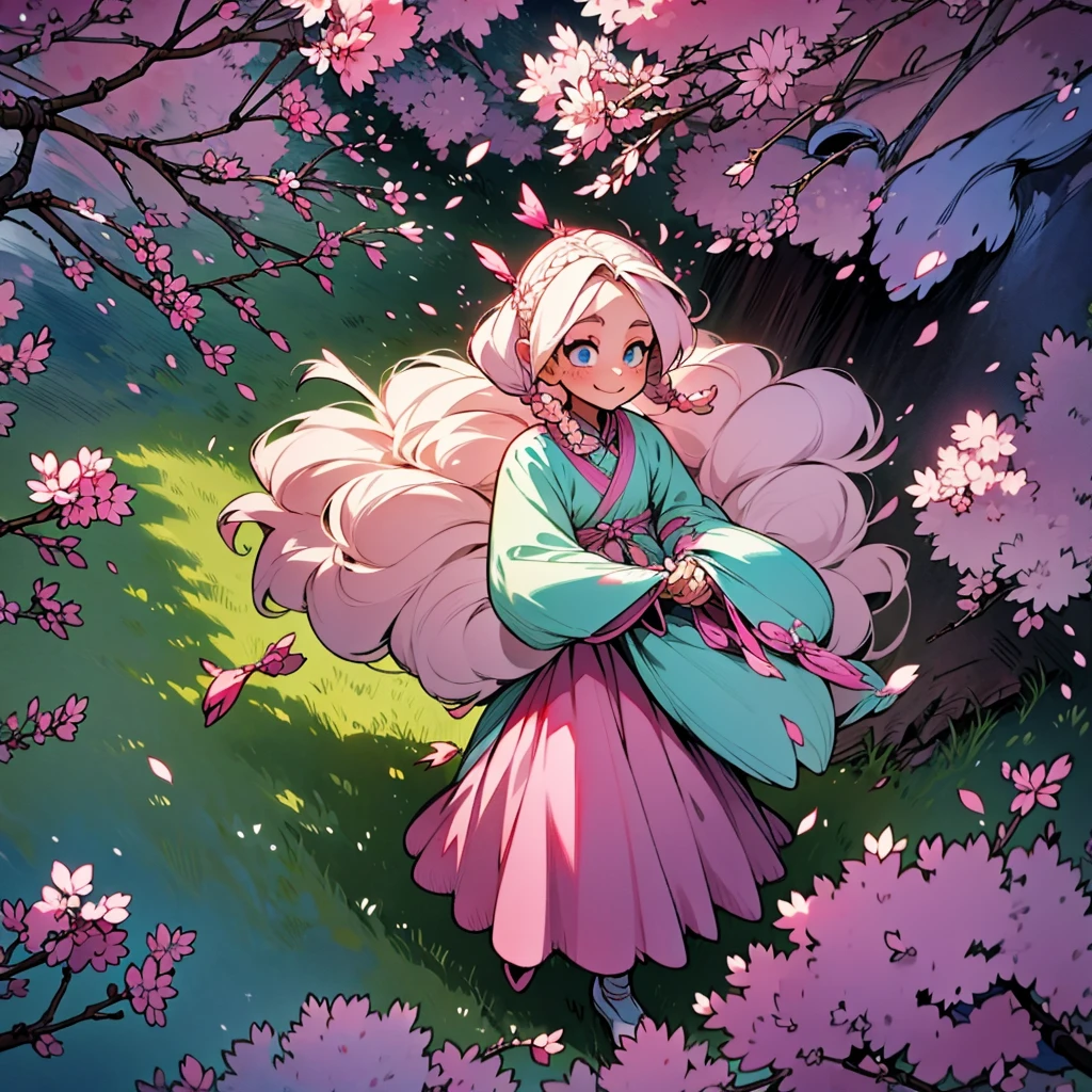 platinum blonde hair. long hair with 2 long braids. skinny girl. blue eyes. pink and green dress. sakura cherry blossoms. cute smile. 1 girl walking under the blossoms. top view. peaches. very large cat ears on her head. big fluffy cat tail. pink highlights in her ears. pastel colors.