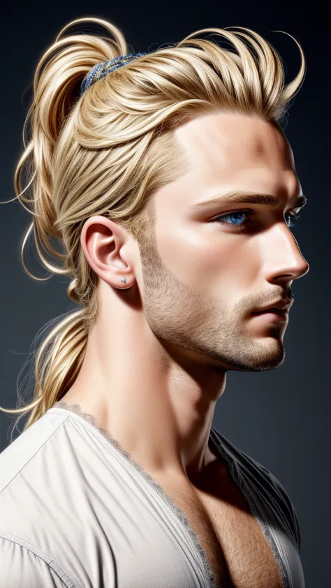 (masterpiece, confused, high resolution, very detailed), 1 person, wavy blonde hair, adult, blue eyes, ponytail, men&#39;s cente...