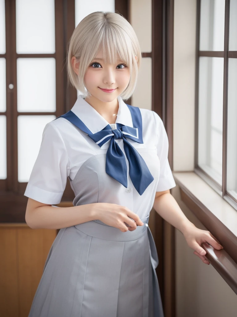 NSFW,Correct human anatomy,A young beautiful Japanese girl with short platinum silver hair,(足を開いてヴァギナを見せた:2.0),large clear eyes,droppy eyes,a balanced gaze,and a sweet smile,(wearing a detailed stewardess uniform:1.25),highly detailed and realistic,8k,ultra-detailed,photorealistic,masterpiece,Highres fix