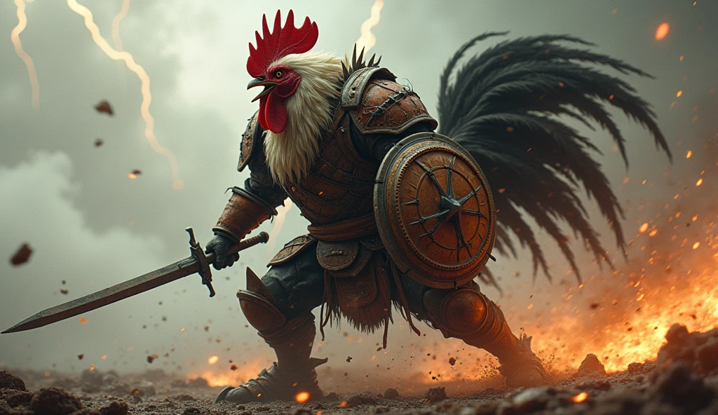 Create an image of a warrior Chubby Cat and rooster, mecha samuraipunk, anthropomorphic, screaming to each other, moving, action burst, leather and iron armor, shaggy fur, foggy, stormy, 70mm, cinematic, highly detailed, minotaur real size, swinging his sword and shield, debris flying, sparkling lights, aura, strong lights, high illumination.