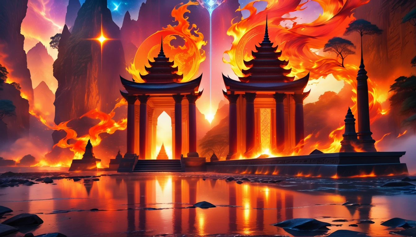 fantasy art, an epic ancient temple of god of moon and stars, with towers, holy symbols, glass artwork, pillars of fire, stream of water, sense of awe, admiration, diviinty, symmetric design