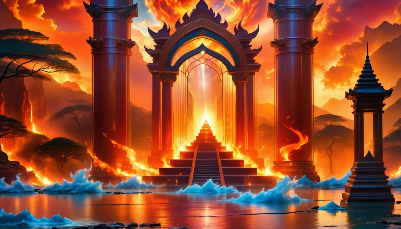 fantasy art, an epic ancient temple of god of moon and stars, with towers, holy symbols, glass artwork, pillars of fire, stream of water, sense of awe, admiration, diviinty, symmetric design