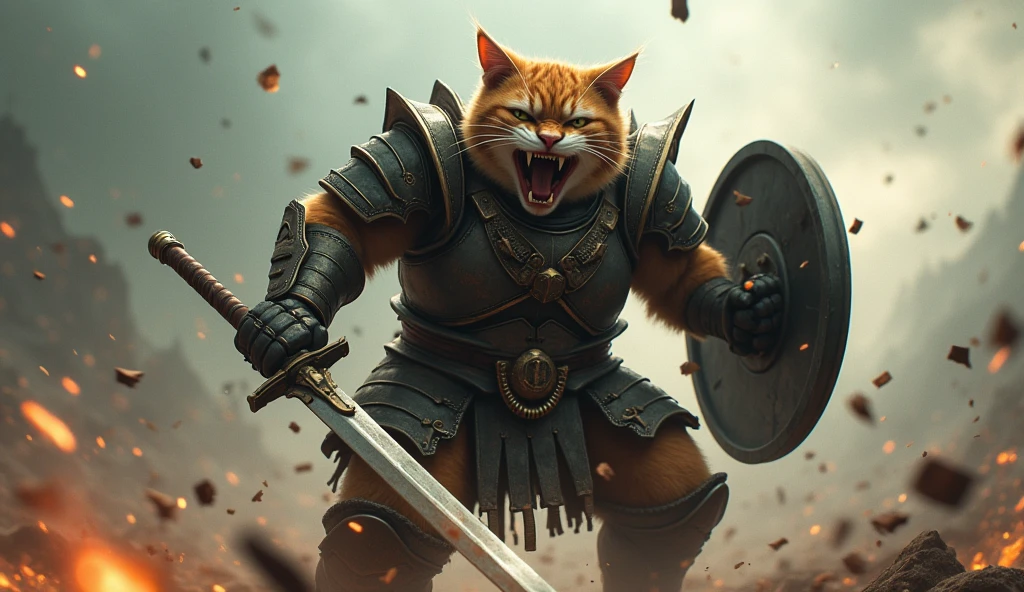 Create an image of a warrior Chubby Cat and rooster, mecha samuraipunk, anthropomorphic, screaming to each other, moving, action burst, leather and iron armor, shaggy fur, foggy, stormy, 70mm, cinematic, highly detailed, minotaur real size, swinging his sword and shield, debris flying, sparkling lights, aura, strong lights, high illumination.