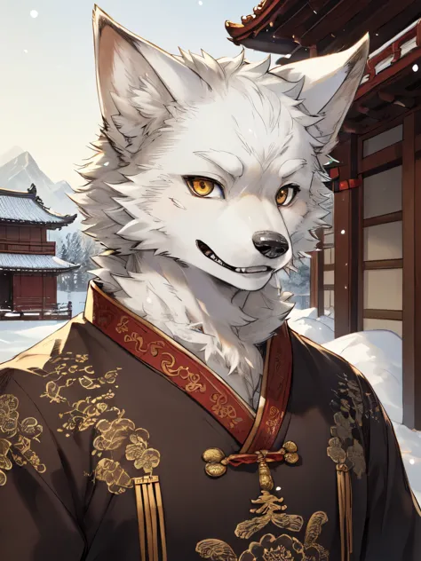 yoshitaka amano，yoshitaka amano，1 person, 8k werewolf portrait, male white fox，short hair，golden iris，arctic fur is as white as ...