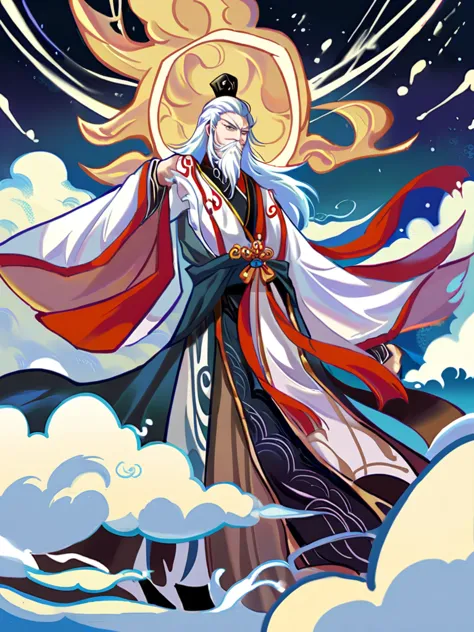 full body portrait，three kingdoms，zuo ci，taoist costumes，ride the clouds，white beard