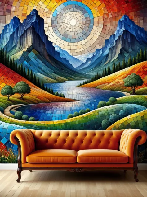 colorful sofa made of mad-tilestyle, in living room, photo of a landscape on the wall (masterpiece:1.2), best quality, (hyperdet...