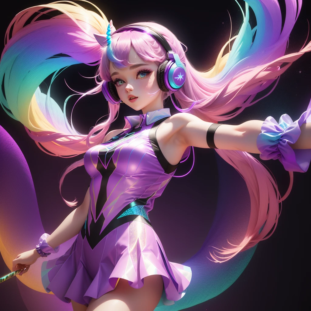 Wearing a shiny holographic shirt and a unicorn themed headband with matching headphones, she stands with her arms slightly outstretched. Floating beside her are colorful characters, animated characters creating a whimsical and fun atmosphere against a purple background.