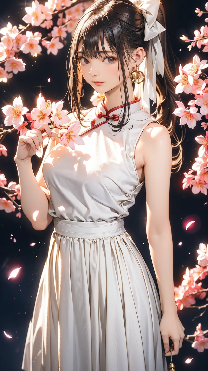 1 girl、(White Chinese Dress:1.2)、(RAW Photos、Highest quality)、(Genuine、Realistic:1.4)、masterpiece、Very delicate and beautiful、非常にdetailed、2k wallpaper、wonderful、detailed、非常にdetailed CGユニティ 8k 壁紙、非常にdetailed、High resolution、Soft Light、美しいdetailed女の子、非常にdetailed目と顔、美しいdetailed鼻、美しいdetailed特別な目、Cinema Lighting、City lights at night、Perfect Anatomy、Slender body、A light smile、close、(Long hair with bangs)、Large Breasts、Photograph the whole body、ponytail、Holding a dagger、Cherry blossom petals in the background