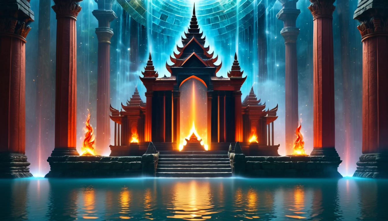 fantasy art, an epic ancient temple of god of light, with towers, holy symbols, glass artwork, pillars of fire, stream of water, sense of awe, admiration, divinity, symmetric design