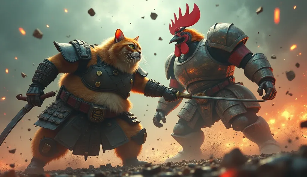 Create an image of a warrior Chubby Cat and rooster, mecha samuraipunk, anthropomorphic, screaming to each other, moving, action burst, leather and iron armor, shaggy fur, foggy, stormy, 70mm, cinematic, highly detailed, minotaur real size, swinging his sword and shield, debris flying, sparkling lights, aura, strong lights, high illumination.