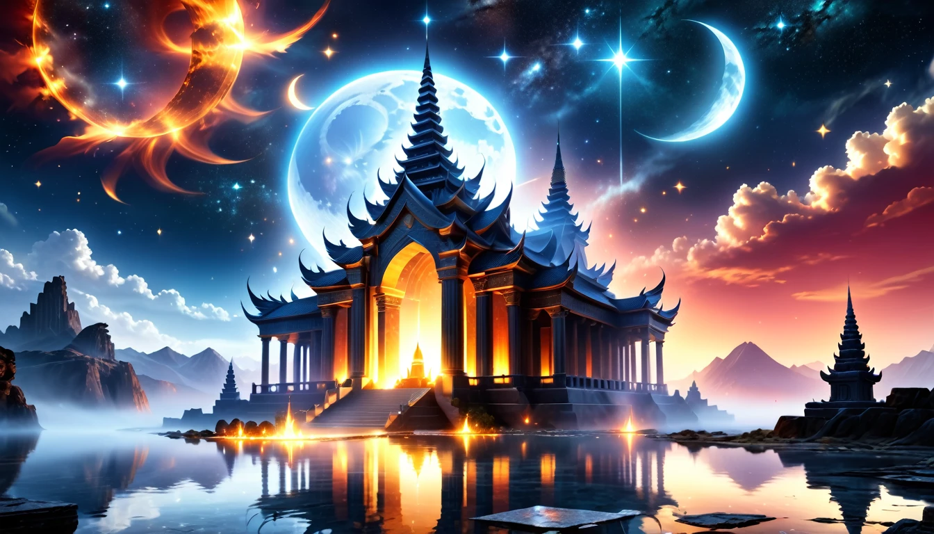 fantasy art, an epic ancient temple of god of moon and stars, with towers, holy symbols, glass artwork, pillars of fire, stream of water, sense of awe, admiration, diviinty, symmetric design