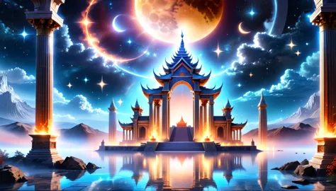 fantasy art, an epic ancient temple of god of moon and stars, with towers, holy symbols, glass artwork, pillars of fire, stream ...