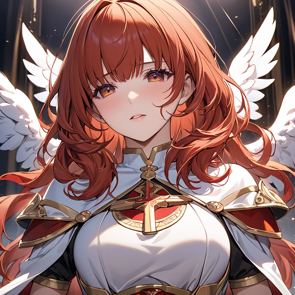 ((Highest quality)), ((masterpiece)), (detailed), （Perfect Face）The woman is a Celica with red hair.、The woman is blessed by God and brainwashed into becoming an angel loyal to God.