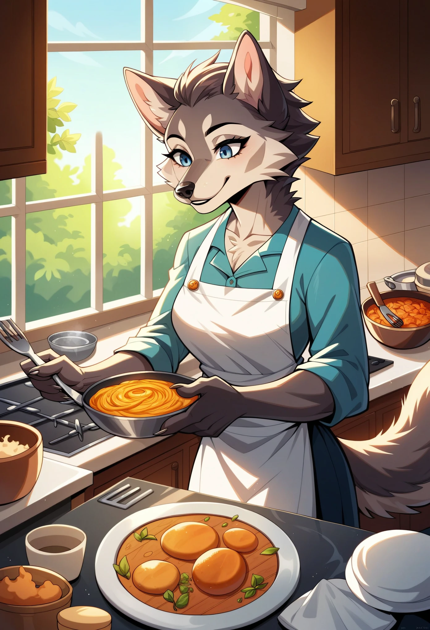 rating_safe, score_9, score_8_up, score_7_up, score_6_up, score_5_up, score_4_up, hires, highres, source_furry, cover page, Cuisine Information Journal(lovers, housekeeper girl, cooking, wolf husband)Newlyweds, kitchen, smile:0.2, perfect anatomy, cinematic lighting,