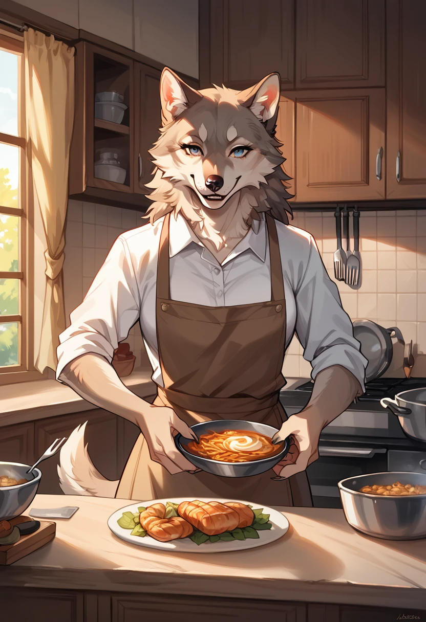 rating_safe, score_9, score_8_up, score_7_up, score_6_up, score_5_up, score_4_up, hires, highres, source_furry, cover page, Cuisine Information Journal(lovers, housekeeper girl, cooking, wolf husband)Newlyweds, kitchen, smile:0.2, perfect anatomy, cinematic lighting,