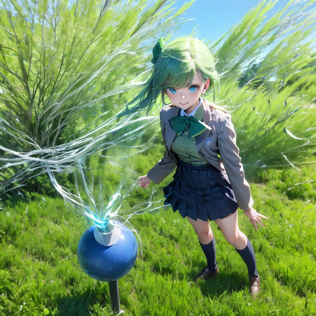 (Ultra HD)、(Full body description)、((Masterpiece))、(((Green Energyボール:1.5)))、((Blue Eyes))、((Smooth green ball))、(Fine skin)、((Delicate face))、A kind smile、Provocative、Green Wind Energy、View from above、広いMeadow、Green Aura、Green Energy、girl、JK、(High School Uniform)、Red bow tie、Navy blue uniform、Brown Bob、Calm background、Meadow、The wind is blowing、blue sky、Cute face、Expansive blue sky