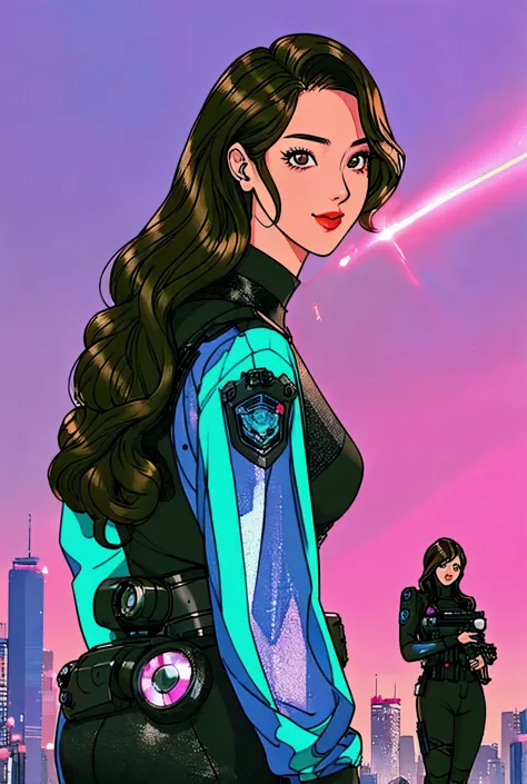 manhwa , (pretty girl, 2, brunette, black eyes) at cyberpunk world dressed as futuristic law enforcer, (full lips) , ((perfect f...