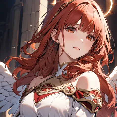 ((highest quality)), ((masterpiece)), (detailed), （perfect face）the woman is a celica with red hair.、the woman is blessed by god...