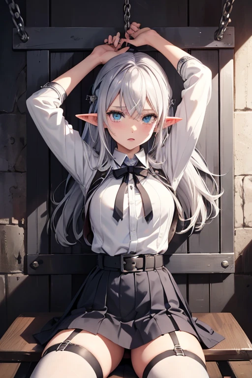 Elf, Silver Hair, In the torture chamber, Lying on an iron bed and crucified, school uniform, skirt, White Shirt,  Open your mouth, Raise your hands,  Crying face, A large iron collar with spikes and handcuffs, Spread your legs