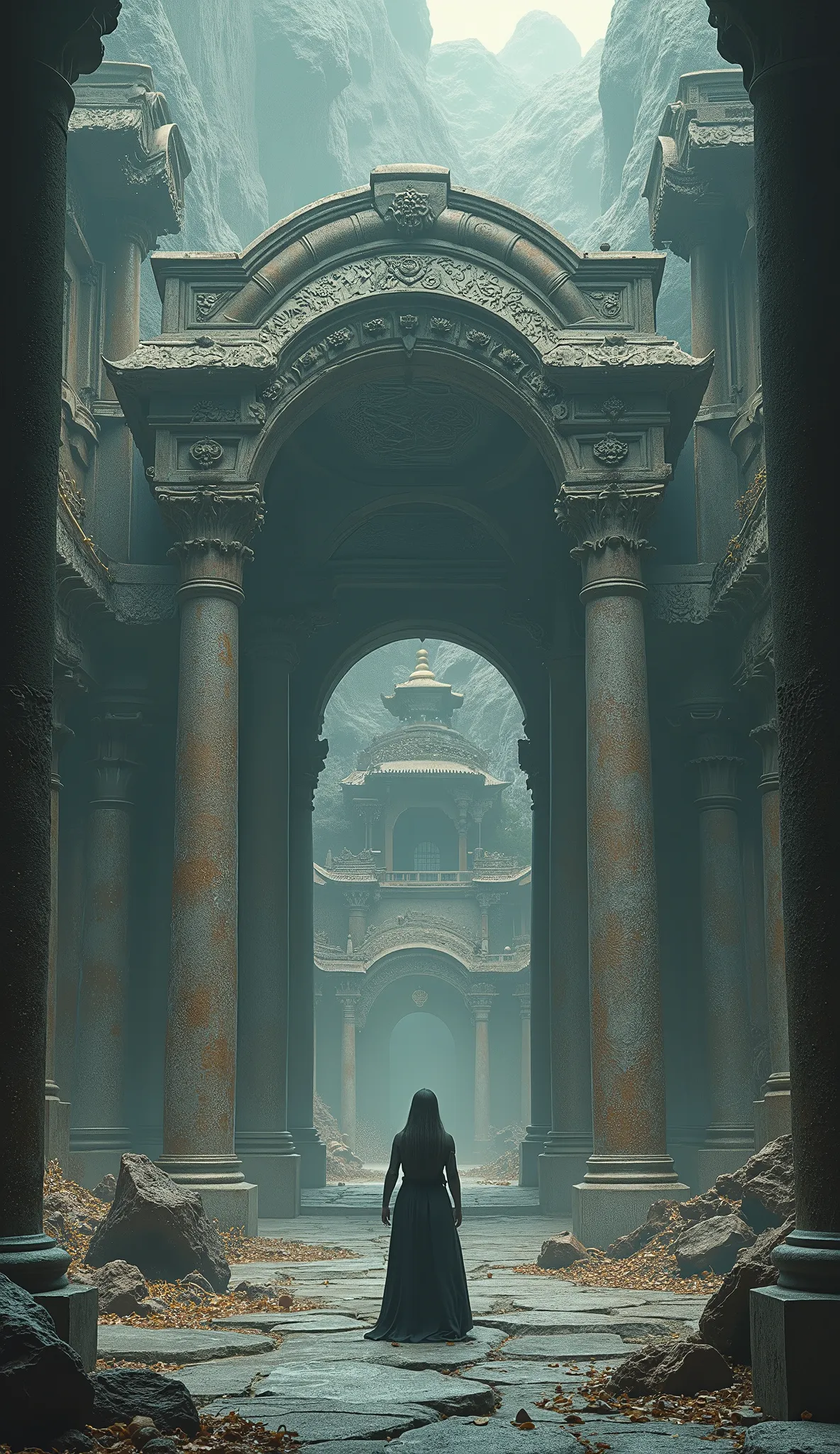 1girl, ancient european architecture, traditional japanese aesthetic, intricate decorative sculptures, imposing central structure, transcendent aesthetic, ancient ruins, mystical background, (best quality,4k,8k,highres,masterpiece:1.2),ultra-detailed,(realistic,photorealistic,photo-realistic:1.37),dramatic lighting, dramatic shadows, atmospheric, cinematic, epic, grandiose, awe-inspiring, majestic, striking, ornate, ornamental, detailed carvings, detailed engravings, detailed patterns, detailed textures, muted colors, cool colors, moody colors