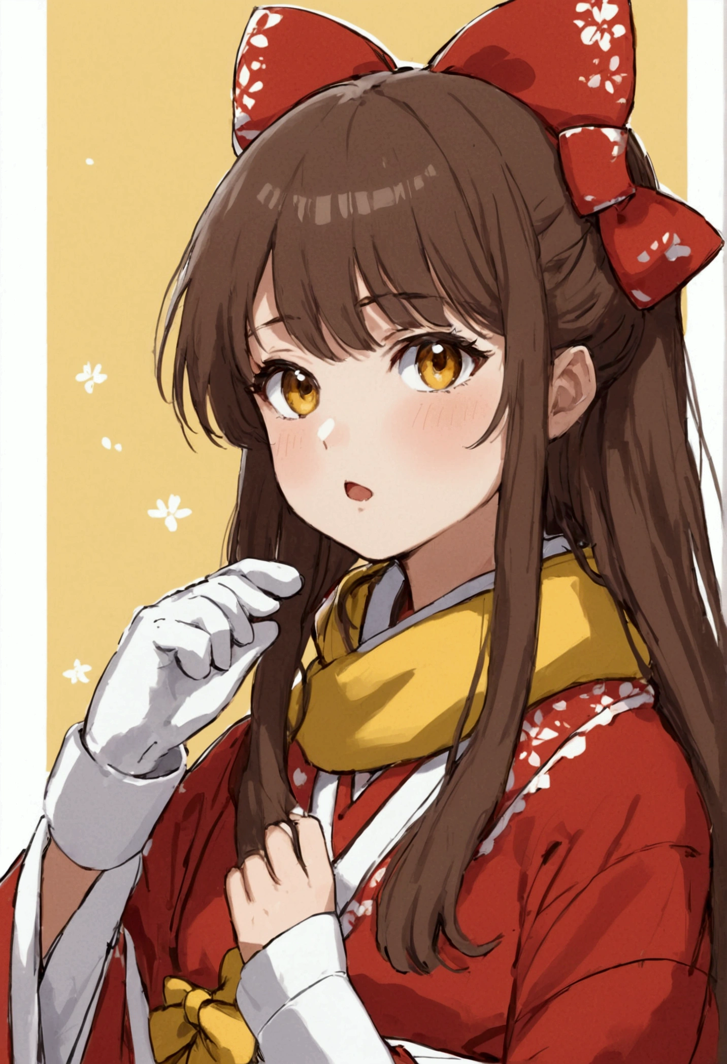 A beautiful young girl in an Ascotown, blushing, holding a bow, with brown eyes and brown hair, wearing a hair bow, hair tube, kimono, long hair, mittens, and a non-traditional miko outfit, in a 1 hour painting challenge, with an open mouth, as a portrait, with a red bow, red mittens, a scarf, side locks, on a simple background, alone, against a white background, with a yellow Ascot and yellow scarf.