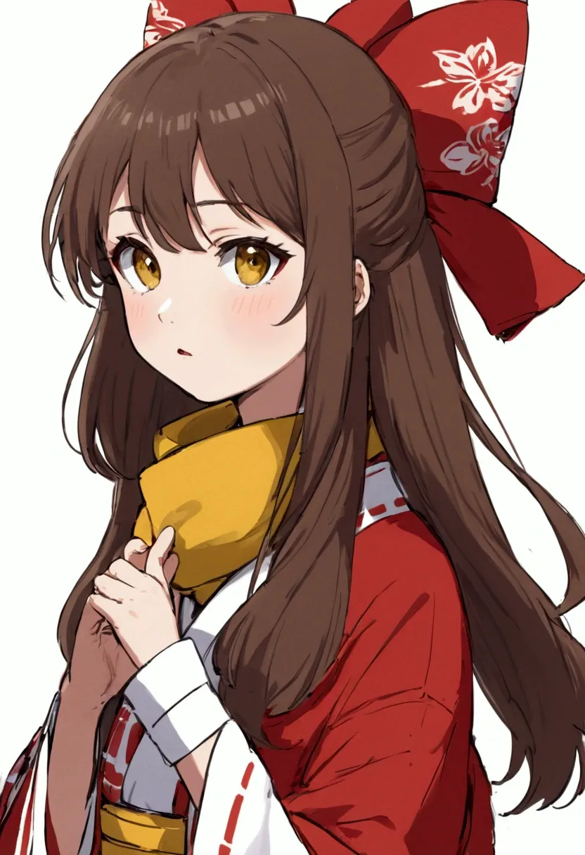 A beautiful young girl in an Ascotown, blushing, holding a bow, with brown eyes and brown hair, wearing a hair bow, hair tube, kimono, long hair, mittens, and a non-traditional miko outfit, in a 1 hour painting challenge, with an open mouth, as a portrait, with a red bow, red mittens, a scarf, side locks, on a simple background, alone, against a white background, with a yellow Ascot and yellow scarf.