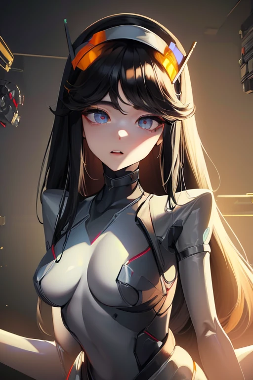 (masterpiece),(Highest quality),(Super detailed),(Best illustrations),(Best Shadow),(Absurd),(Detailed Background),(so beautiful), 16K, 8K, 4K,(Best Shadow),empty eyes,robotization,woman ,big bust,Robot Joint ,Metal skin,Black Suit,long hair,a black suit that covers the whole body,robot hand,cyber bodysuit,rapunzel(nikke),cyber nun,robot sister