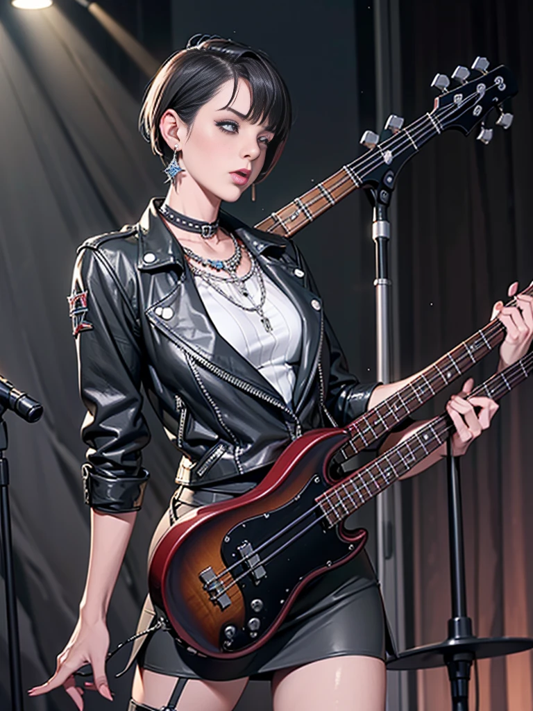 1，Black short hair，Photorealism，detailed，masterpiece， (Lean), Young Girls，Short leather skirt、Dark leather jacket，1，aldult, (Punk Girl)，Earrings、Lip Studs，Dark eyeshadow，high quality，Play bass，band playing，High resolution 4K information,stage，Cold，Gorgeous lighting