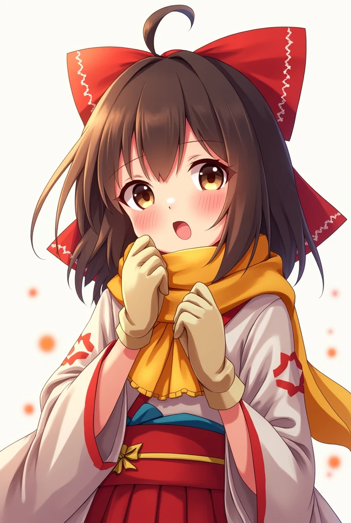 A beautiful young girl in an Ascotown, blushing, holding a bow, with brown eyes and brown hair, wearing a hair bow, hair tube, kimono, long hair, mittens, and a non-traditional miko outfit, in a 1 hour painting challenge, with an open mouth, as a portrait, with a red bow, red mittens, a scarf, side locks, on a simple background, alone, against a white background, with a yellow Ascot and yellow scarf.