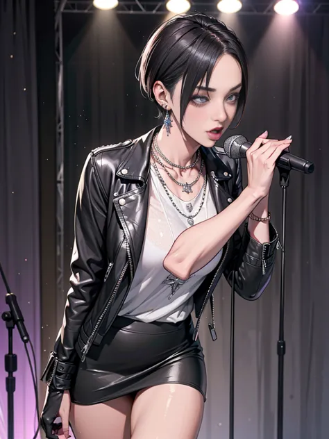 1，black short hair，photorealism，detailed，masterpiece， (lean), young girls，short leather skirt、dark leather jacket，1，aldult, (pun...