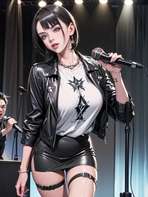 1，black short hair，photorealism，detailed，masterpiece， (lean), young girls，short leather skirt、dark leather jacket，1，aldult, (pun...