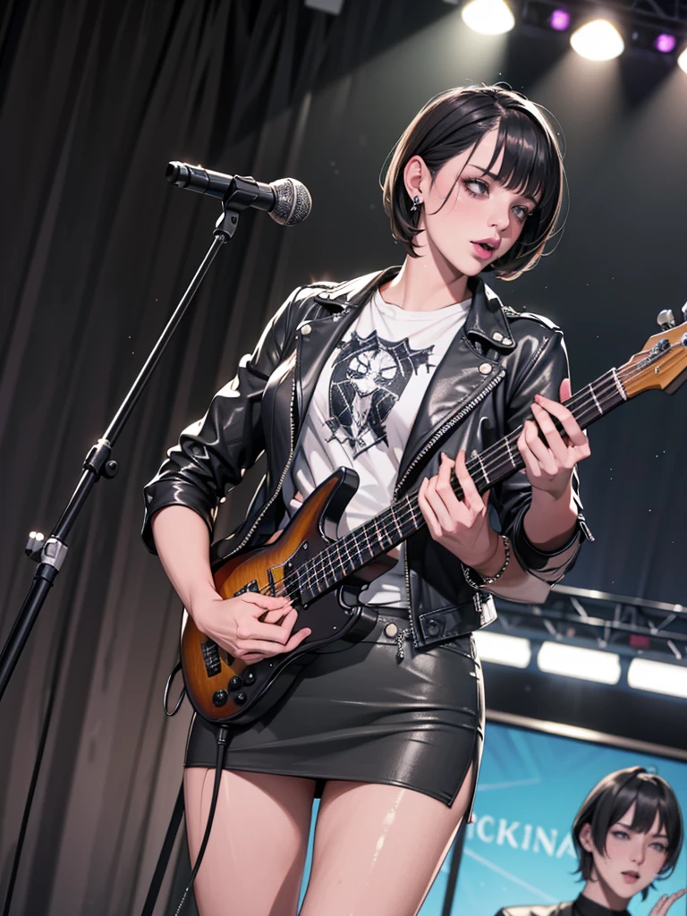 1，Black short hair，Photorealism，detailed，masterpiece， (Lean), Young Girls，Short leather skirt、Dark leather jacket，1，aldult, (Punk Girl)，Earrings、Lip Studs，Dark eyeshadow，high quality，Playing purple bass，band playing，microphone，High resolution 4K information,stage，Cold，Gorgeous lighting