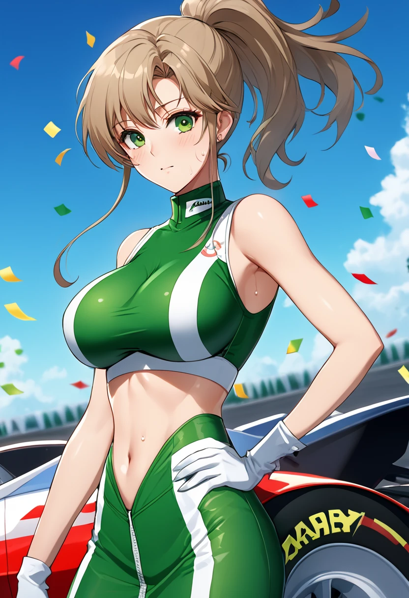 Highest quality, Great quality, 16K, Unbelievably absurd, Very detailed, 2.5D, delicate and dynamic, (Makoto Kino),blue sky, Confetti, Racing Car, flag, Small face, Very delicate look, Delicate eye depiction, Very Fine Hair, Upper body close-up, erotic, Sexy woman, Healthy body shape, Race Queen, height: 175cm, Big companies go bankrupt, Light brown long hair,ponytail、 Sexly long legs, Glowing Skin, , Flashy Race Queen costume,Green tops, green tight skirt, White Leather Long Boots, Formula 1, Auto Racing Track,1990s \(style\),、(Big Breasts)、expensive、Sweating all over the body、vapour、(Normal location)、Beautiful Big Breasts、muscular、sexly、Face writhing in pleasure、The whole body is covered in sex fluids、Sweaty,((Male and female sexual scenes)),Cinema Lighting, (Perfect Glowing Skin:0.6),Always high quality CG Unity 8K wallpapers