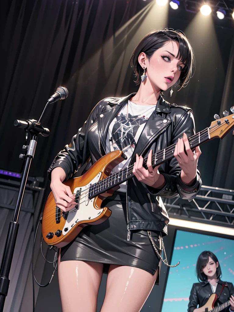 1，Black short hair，Photorealism，detailed，masterpiece， (Lean), Young Girls，Short leather skirt、Dark leather jacket，1，aldult, (Punk Girl)，Earrings、Lip Studs，Dark eyeshadow，high quality，Playing purple bass，band playing，microphone，High resolution 4K information,stage，Cold，Gorgeous lighting