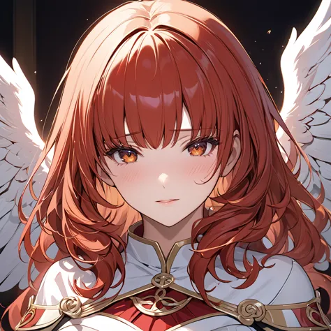 ((highest quality)), ((masterpiece)), (detailed), （perfect face）the woman is a celica with red hair.、the woman is blessed by god...