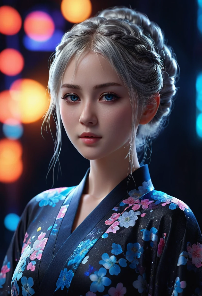 In this breathtakingly stunning 4K masterpiece, a single, ethereal female silhouette stands out against a dark background, her beautifully detailed face illuminated by neon lights and shimmering particles. Her long eyelashes frame her Highly detailed CG Unity 8k wallpaper, top quality, Super detailed, table top, realistic, photo-realistic, Highly detailed cute girl, 2, ,, whole body, ,big breasts,black eye,rubber dress She is a kimono model、Gorgeous floral patterned kimono、Silver hair braids、blue eyes、In this breathtakingly stunning 4K masterpiece, a single, ethereal female silhouette stands out against a dark background, her beautifully detailed face illuminated by neon lights and shimmering particles. Her long eyelashes frame her Highly detailed CG Unity 8k wallpaper, top quality, Super detailed, table top, realistic, photo-realistic, Highly detailed cute girl, 2, ,, whole body, ,big breasts,black eye,rubber dress