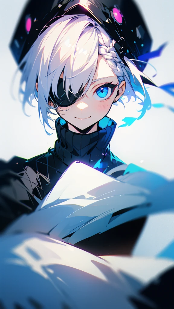 A woman with short white hair and a braid,Wear an eye patch. ,blue eyes,Cute, smile, cute,Black turtleneck sweater,middle bust,