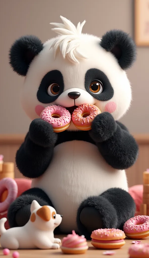 plano general, centered, Whole body, ((A panda costume eating donuts. (black and white suit):1.4)), sentado y comiendo Sweets:1.3, dynamic pose, (perro pidiendo Sweets:1.3), Very detailed, 8k, High Definition, adorable, high quality, photorealistic, showy, Vibrant, Soft lighting, stuffed panda costume, messy hair, round cheeks, large eyes, detailed facial features, happy expression, playful, Capricious, intricate details, lollipops, Sweet, textured skin, fluffy panda ears, paws, Dog wagging tail, anticipation, Beautiful, comforting, endearing