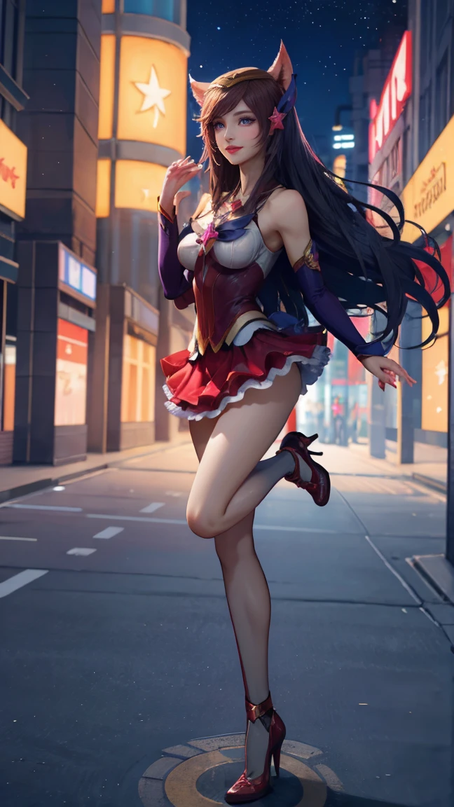 (Masterpiece, best quality: 1.2), ((Star Guardian Ahri)), 1 girl, animal ears, hair accessories, bangs, split sleeves, bare shoulders, short skirt, magical girl, (long hair: 1.6 ), big breasts, white high heels, full body, perfect hands, perfect fingers, perfect legs, detailed facial features, (flowing hairstyle), extremely detailed, colorful, smooth skin, fair skin: 1.2, beautiful Delicate skin, graceful posture, clear eyes, perfect and gentle smile, beautiful face, star-filled night, knee-high socks, extremely normal figure, perfect and gentle lips