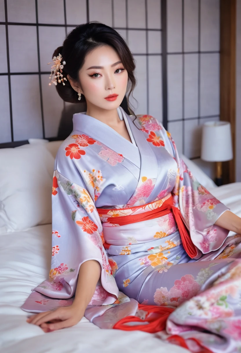 The beauty of Japanese kimono: A realistic woman posing sensually on a bed, Detailed skin texture, Beautiful Faces, Long eyelashes, Glossy Lips, Delicate fingers, Elegant body shape, Luxurious silk bedding, Soft lighting, Structure of the film, Vibrant colors, Realistic, 8k, high quality
