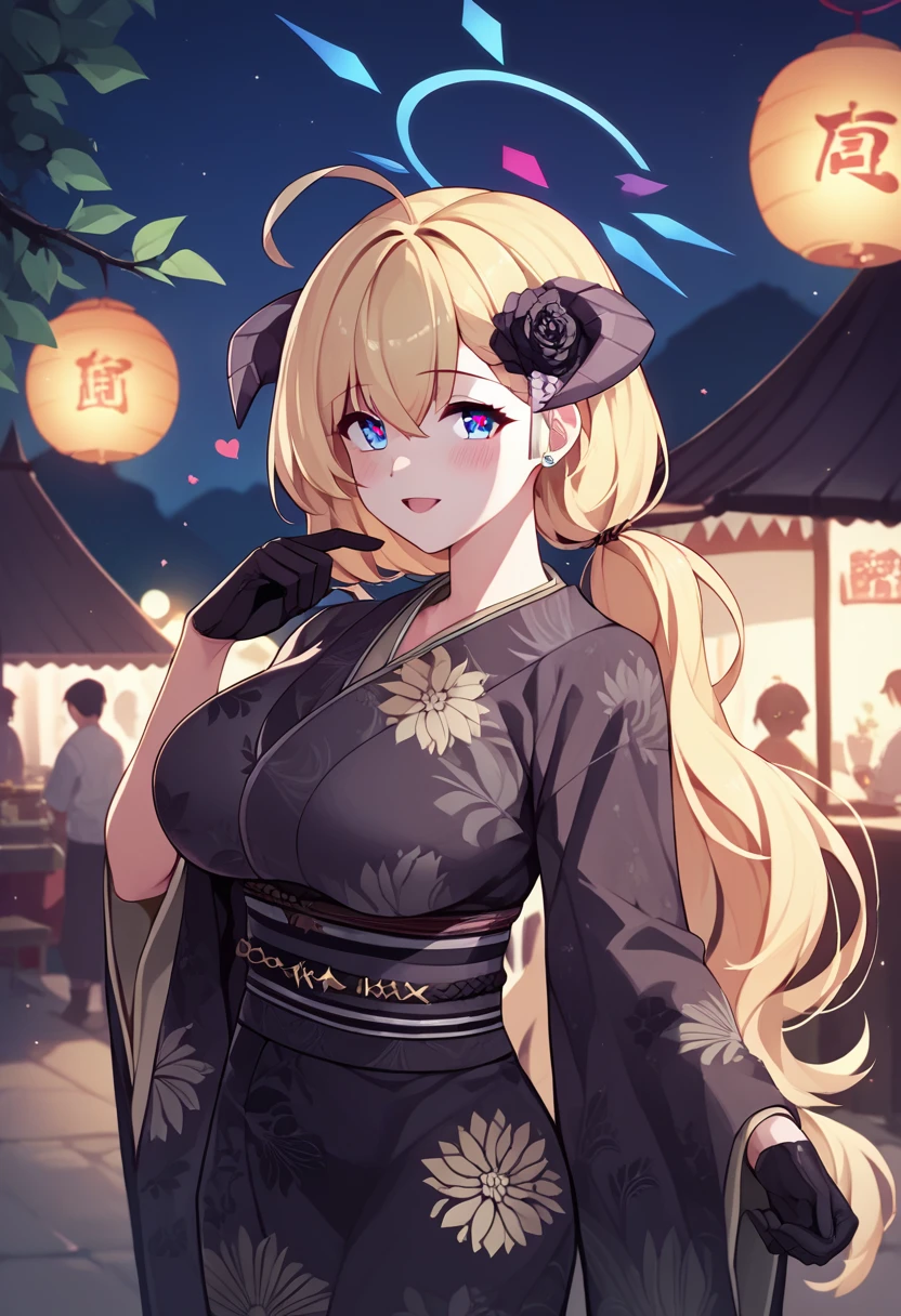 source_9,source_8_up,source_7_up,jeloakariny,solo,outdoors,night,festival,halo,blue eyes,heart-shaped pupils,blonde hair,low twintails,demon horns,hair flower,hair ornament,japanese clothes,floral print,black gloves,large breasts,looking at viewer, best quality, high qual, best detail,