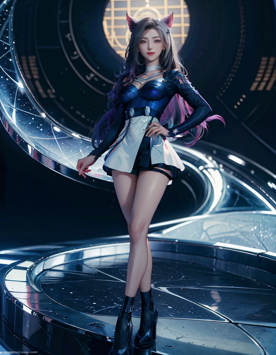 (Masterpiece, top quality: 1.2), ((kda all out ahri)), 1 female, animal ears, hair accessories, bangs, split sleeves, off-shoulders, short skirt, magical girl, (long hair: 1.6), Big breasts, white high heels, whole body, perfect hands, perfect fingers, perfect legs, delicate facial features, (elegant hairstyle), extremely detailed, bright colors, smooth skin, fair skin: 1.2, beautiful and delicate skin, Graceful figure, clear eyes, perfect and gentle smile, beautiful face, starry night, extremely normal figure, perfect and gentle lips