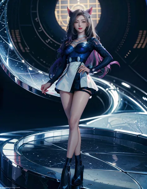 (masterpiece, top quality: 1.2), ((kda all out ahri)), 1 female, animal ears, hair accessories, bangs, split sleeves, off-should...