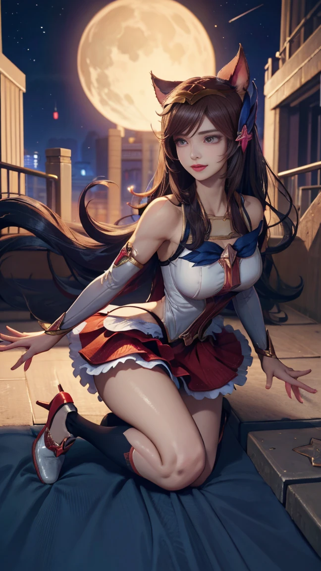 (Masterpiece, best quality: 1.2), ((Star Guardian Ahri)), 1 girl, animal ears, hair accessories, bangs, split sleeves, bare shoulders, short skirt, magical girl, (long hair: 1.6 ), big breasts, white high heels, full body, perfect hands, perfect fingers, perfect legs, detailed facial features, (flowing hairstyle), extremely detailed, colorful, smooth skin, fair skin: 1.2, beautiful Delicate skin, graceful posture, clear eyes, perfect and gentle smile, beautiful face, star-filled night, knee-high socks, extremely normal figure, perfect and gentle lips