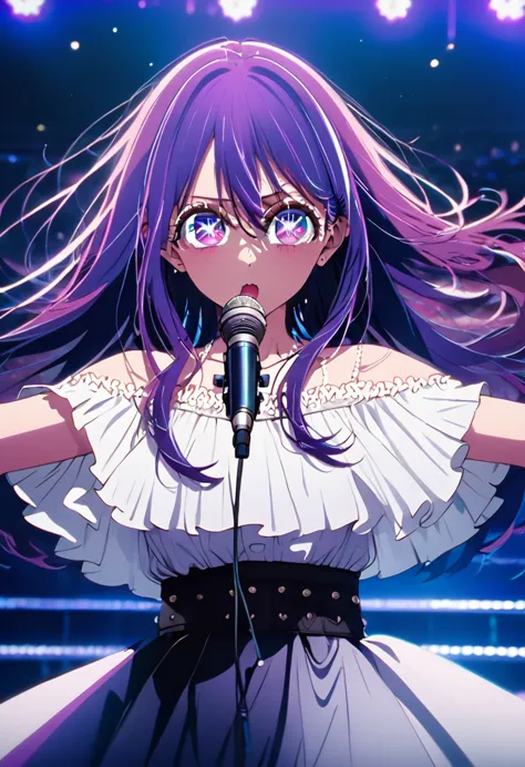 long hair、 (purple eyes:1.5), stars in your eyes、purple hair, idol、microphone,live stage、singing、(small breast:1.2), break looki...