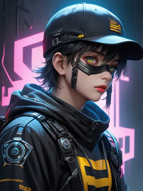 1bad boy, a cute boy wearing an fullface mask, hacker, cropped jersey, cap attached to jersey, (best quality,4k,8k,highres,maste...