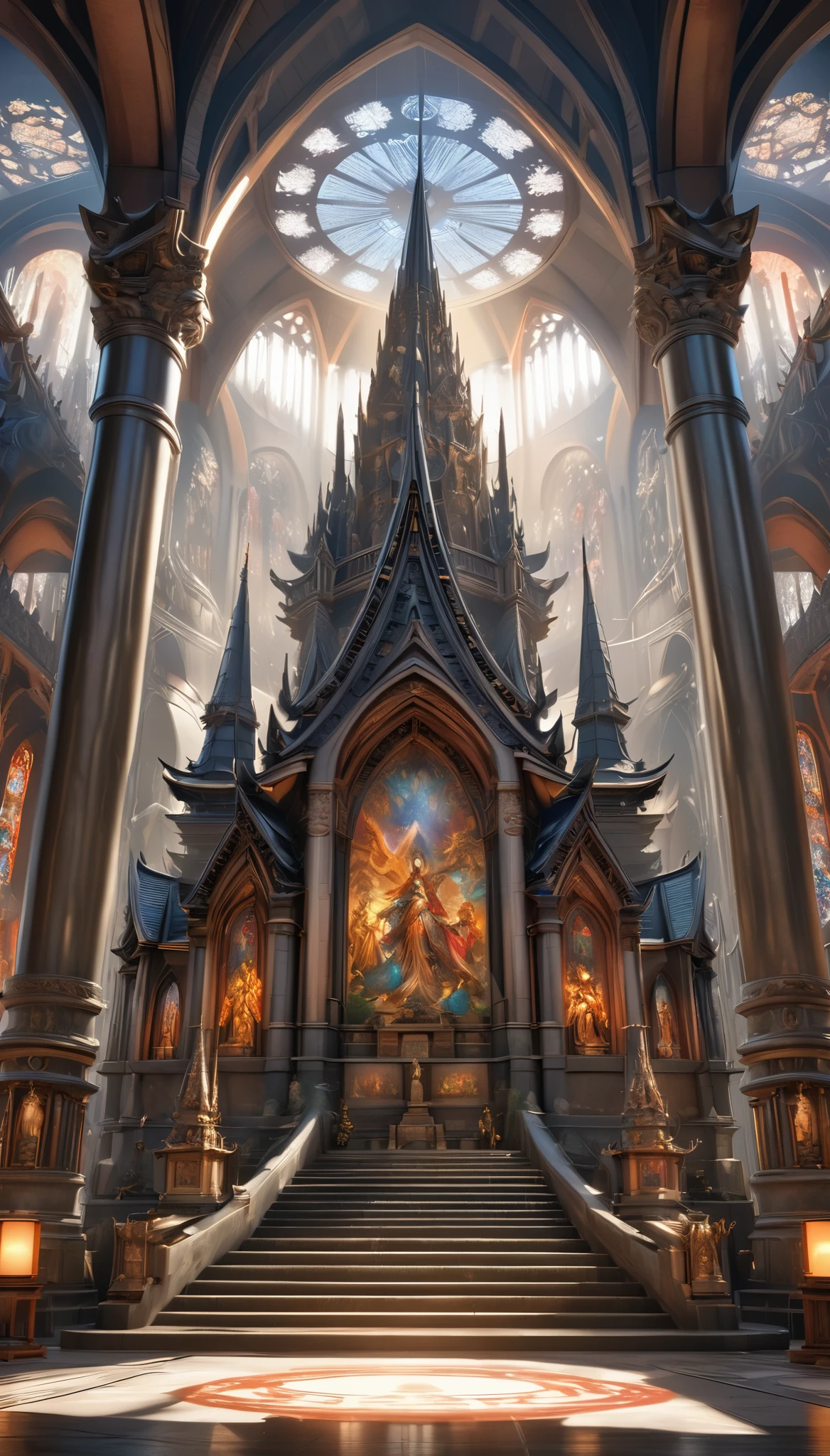 a majestic ancient european cathedral, intricate and ornate gothic architecture, ornate carved stone sculptures, towering central spire, isolated against a mystical background, harmonious blend of ancient european and traditional japanese architectural techniques, chaotic imagery of the world's deities, extremely sharp and detailed, ARW, best quality, 8k, highres, masterpiece, ultra-detailed, realistic, photorealistic, photo-realistic, HDR, UHD, studio lighting, ultra-fine painting, sharp focus, physically-based rendering, extreme detail description, professional, vivid colors, bokeh